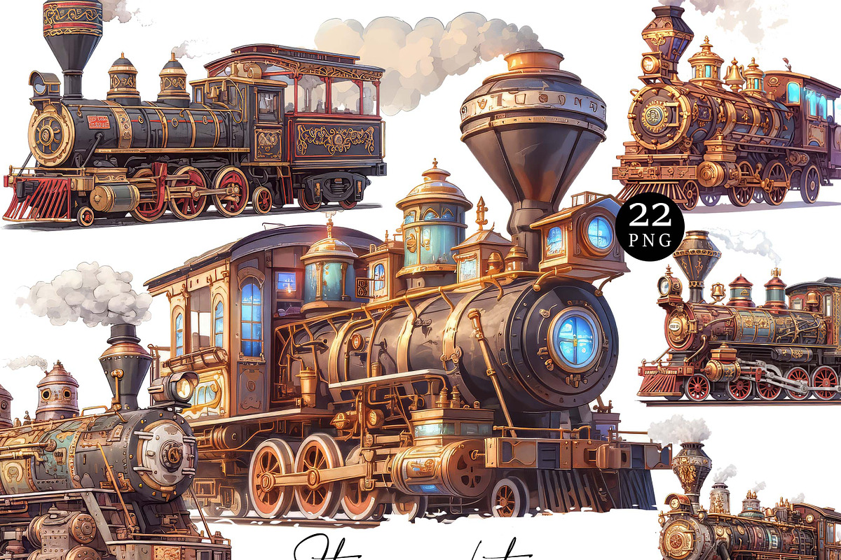 Watercolor Vector Steampunk Trains, a Transportation Illustration by Design Scotch (Photo 1 of 7)