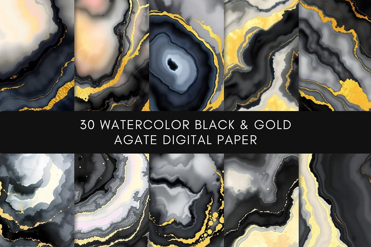 30 Watercolor Black Gold Agate, a Background Graphic by UniqueMe (Photo 2 of 11)