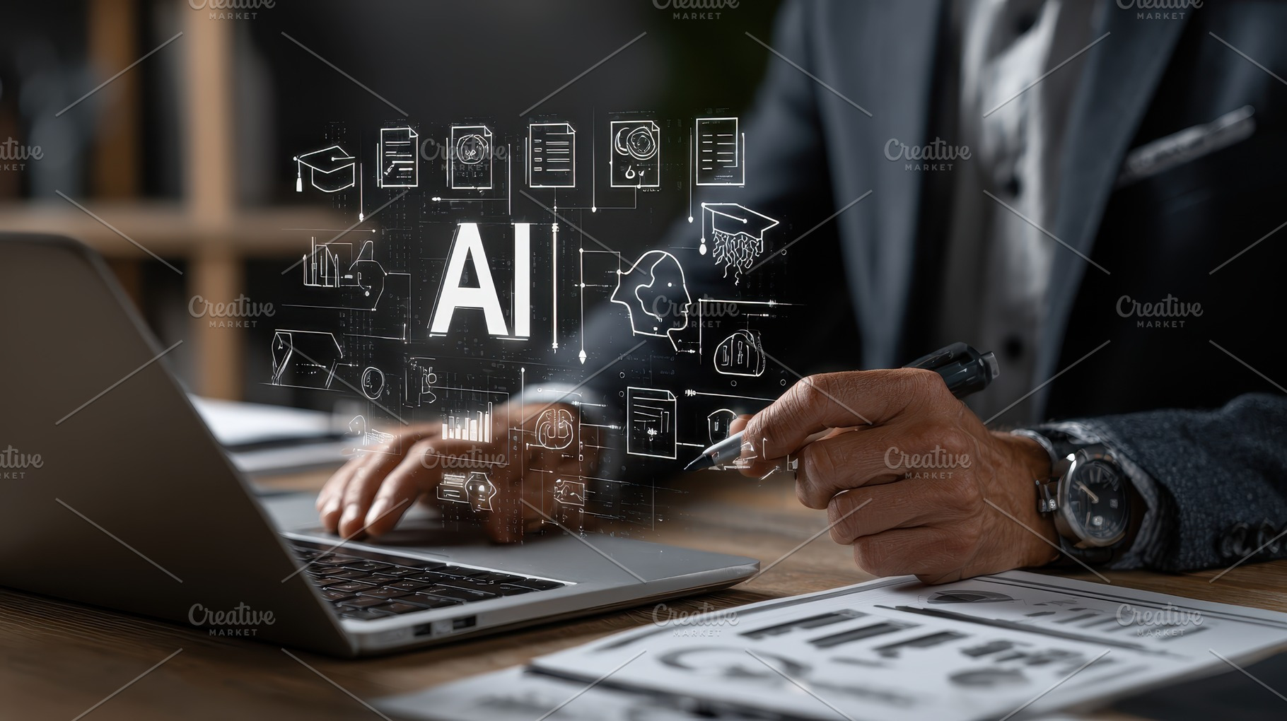 AI Businessman working on laptop AI, a Photo by Pixeness Studio