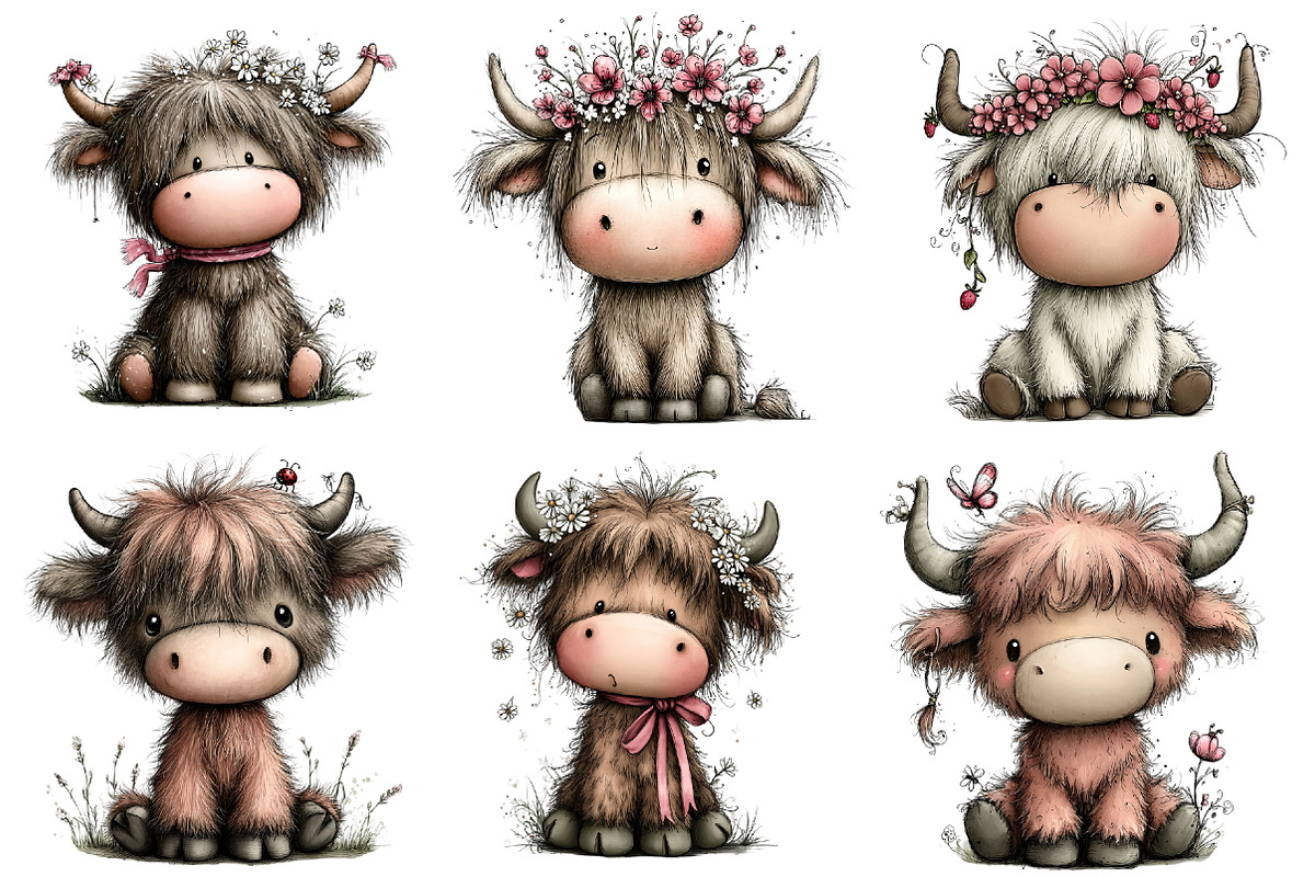 whimsical spring highland cow clipar, an Illustration by Designworld (Photo 2 of 5)