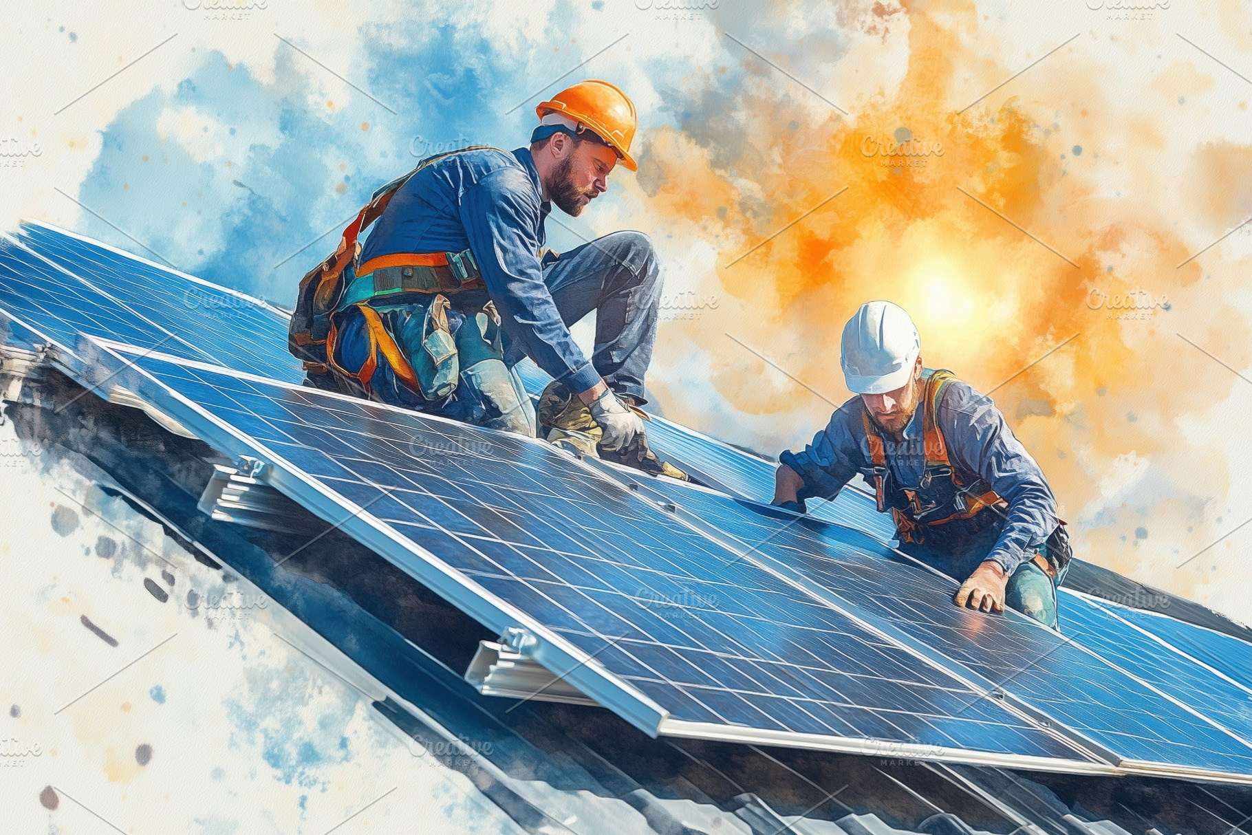 Two workers installing solar panels on a rooftop, wearing safety helmets and ha, a Technology Photo by Textures & Backgrounds