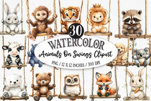 Watercolor Animals On Swings Clipart, an Illustration by Designking
