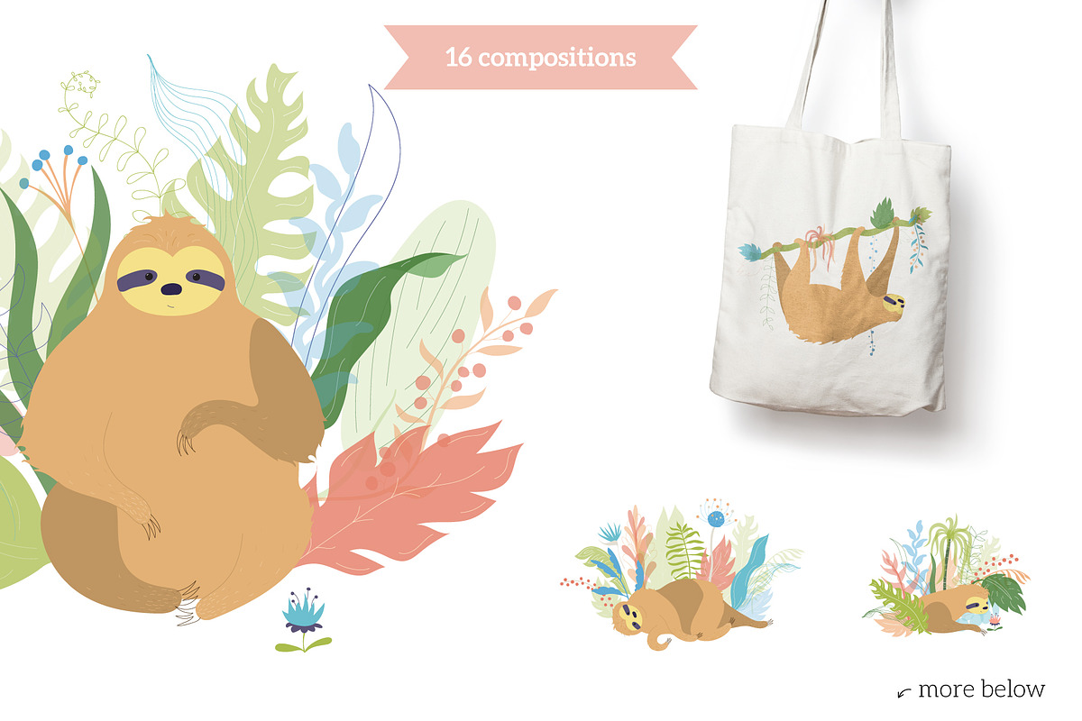 Happy Sloth - clipart collection, an Animal Illustration by Pikovit (Photo 3 of 9)