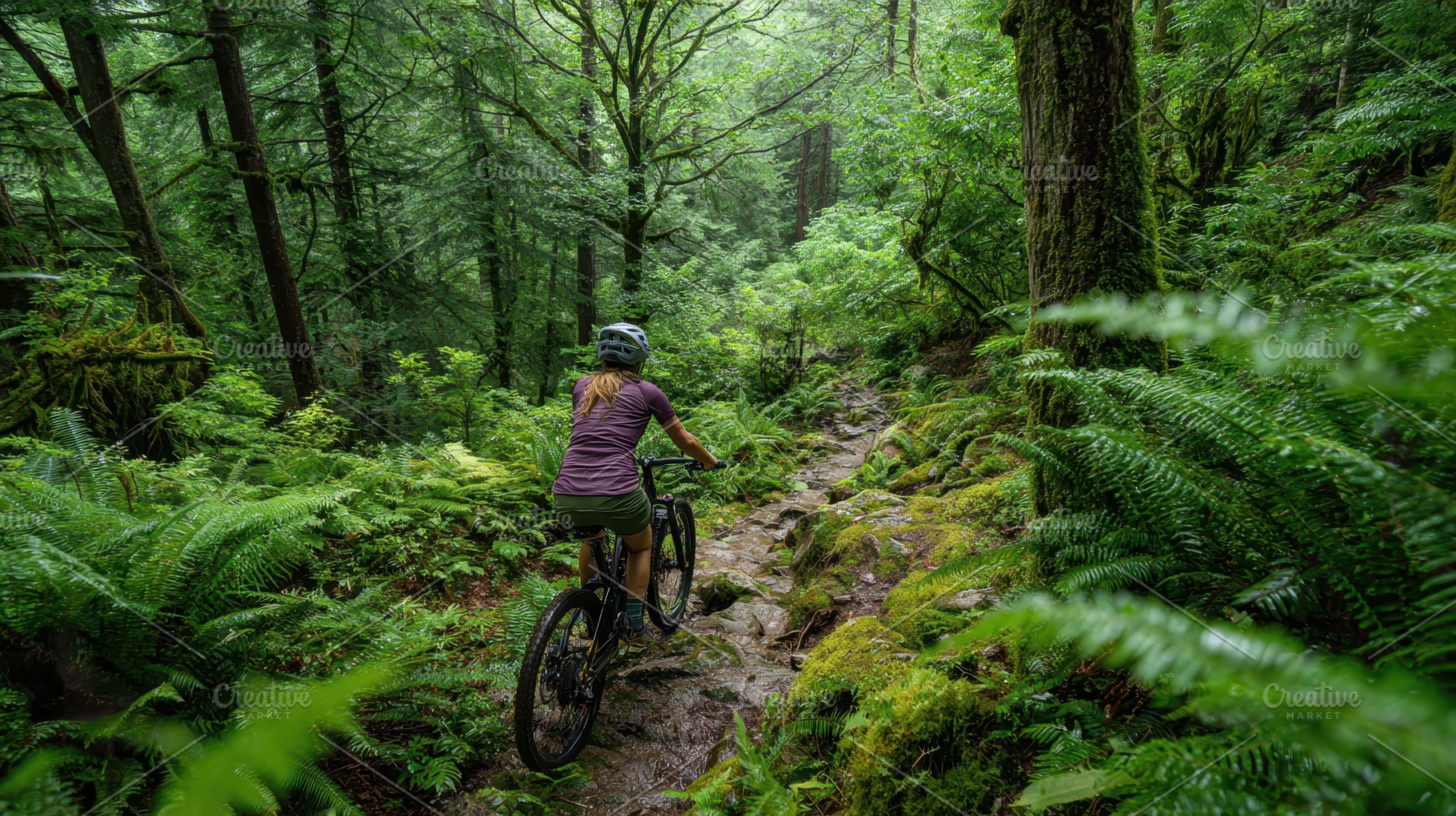 Mountain biking through a lush green, a Photo by Pavel_design