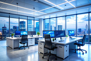 Empty modern office with multiple monitors on table desks, a Technology Photo by DanFLCreativo