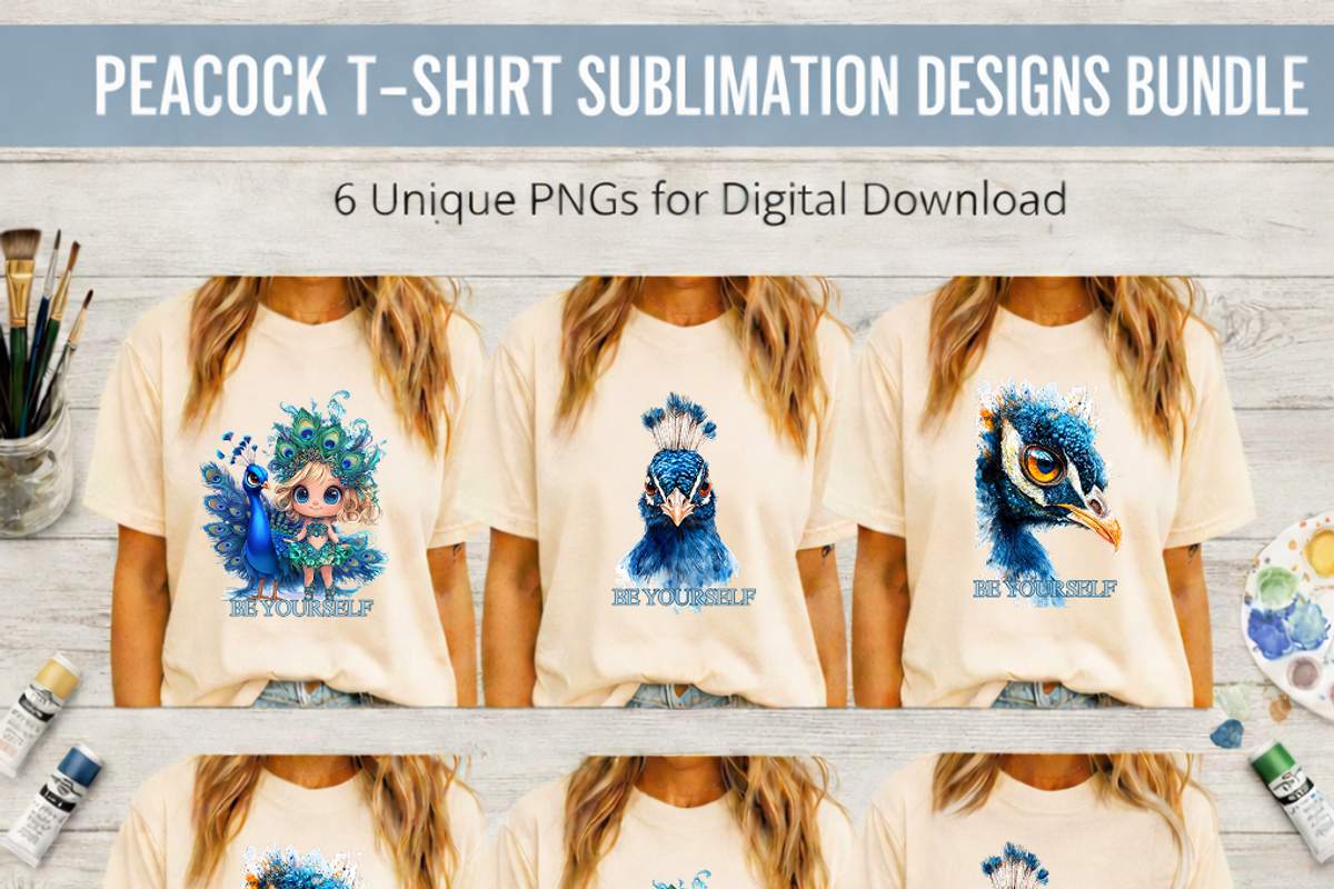 Peacock T-Shirt Sublimation Bundle, an Animal Illustration by InkyQueenArt (Photo 1 of 5)