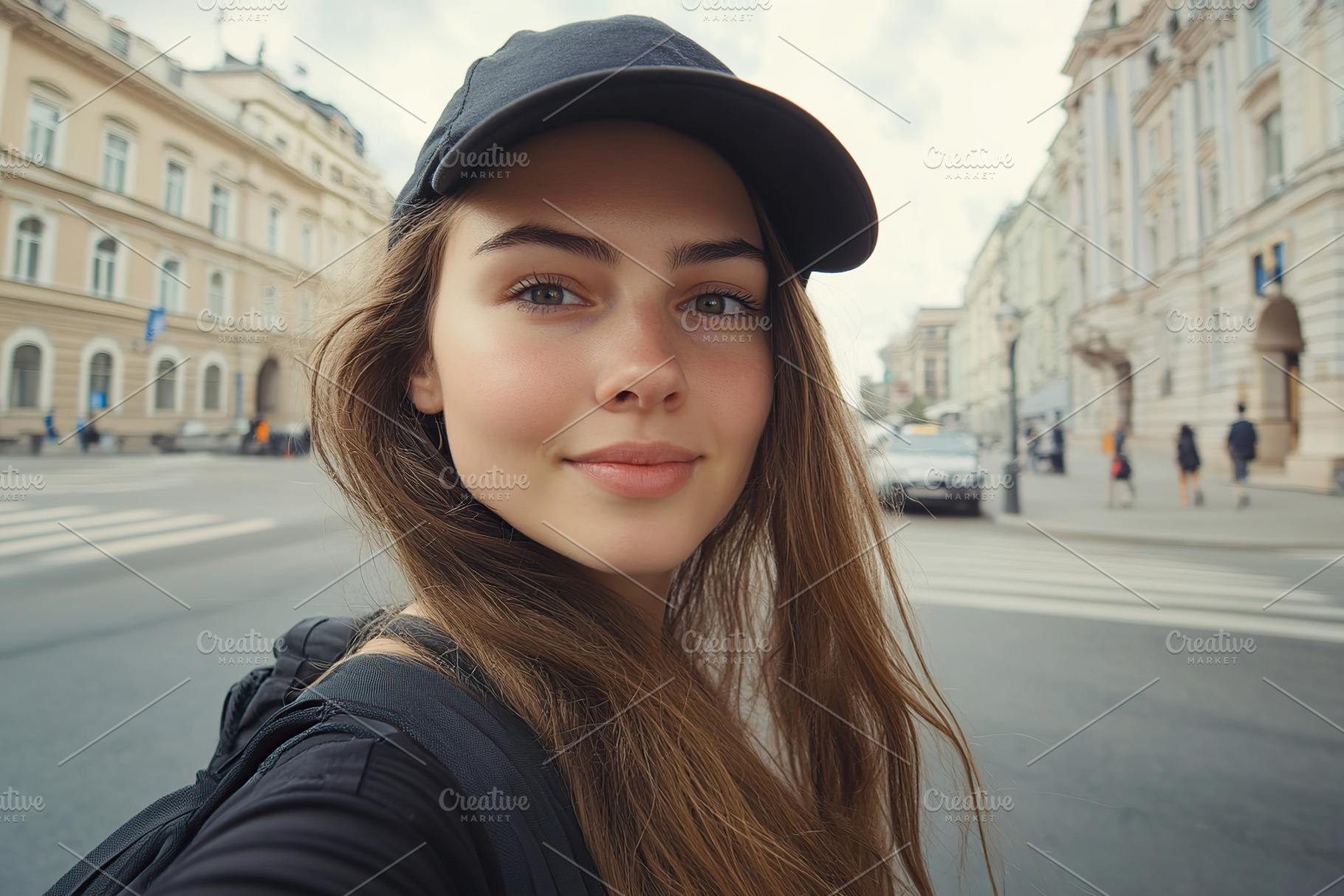 Young woman takes selfie while wearing cap in urban setting on a cloudy day, a Person Photo by AlyaAnd