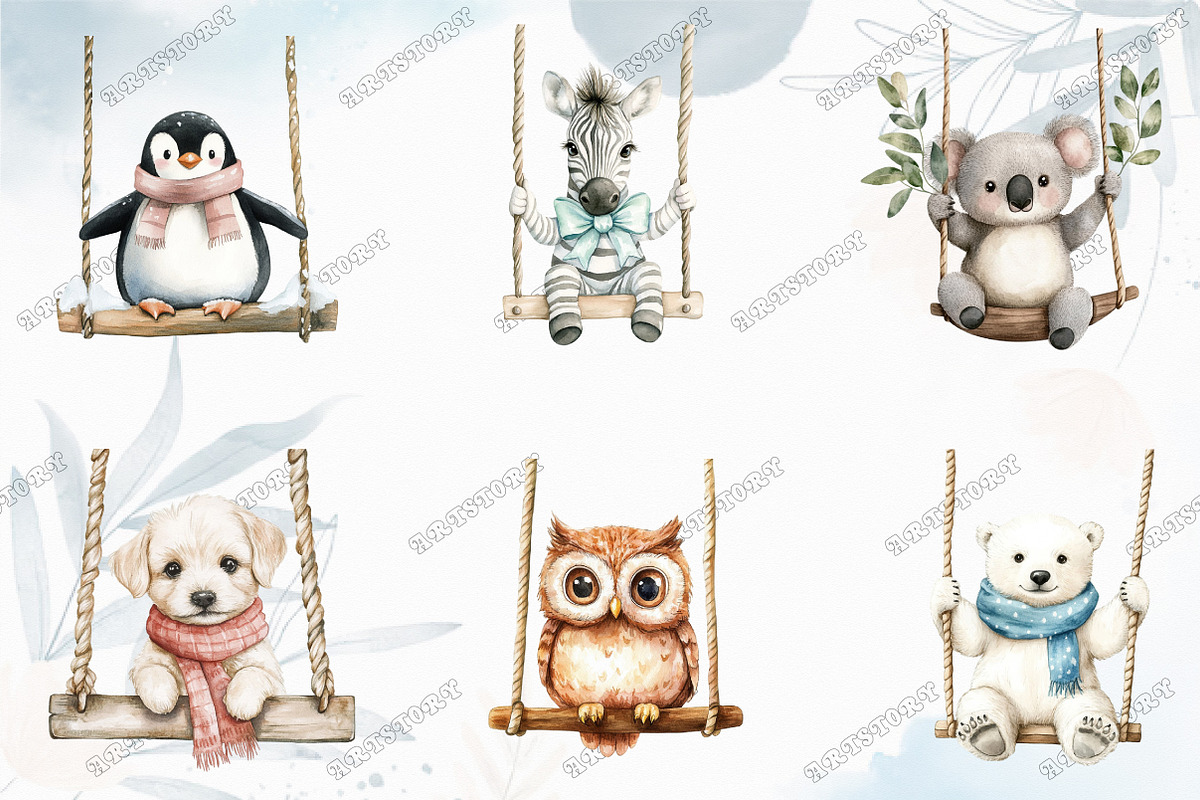 Watercolor Animals on Swings Clipart, an Illustration by designcity5 (Photo 2 of 5)