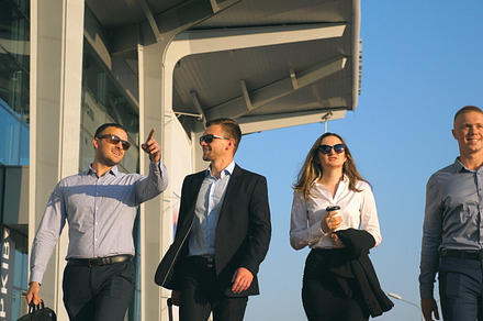Group of young happy businessmen featuring emotions, positive, and smile