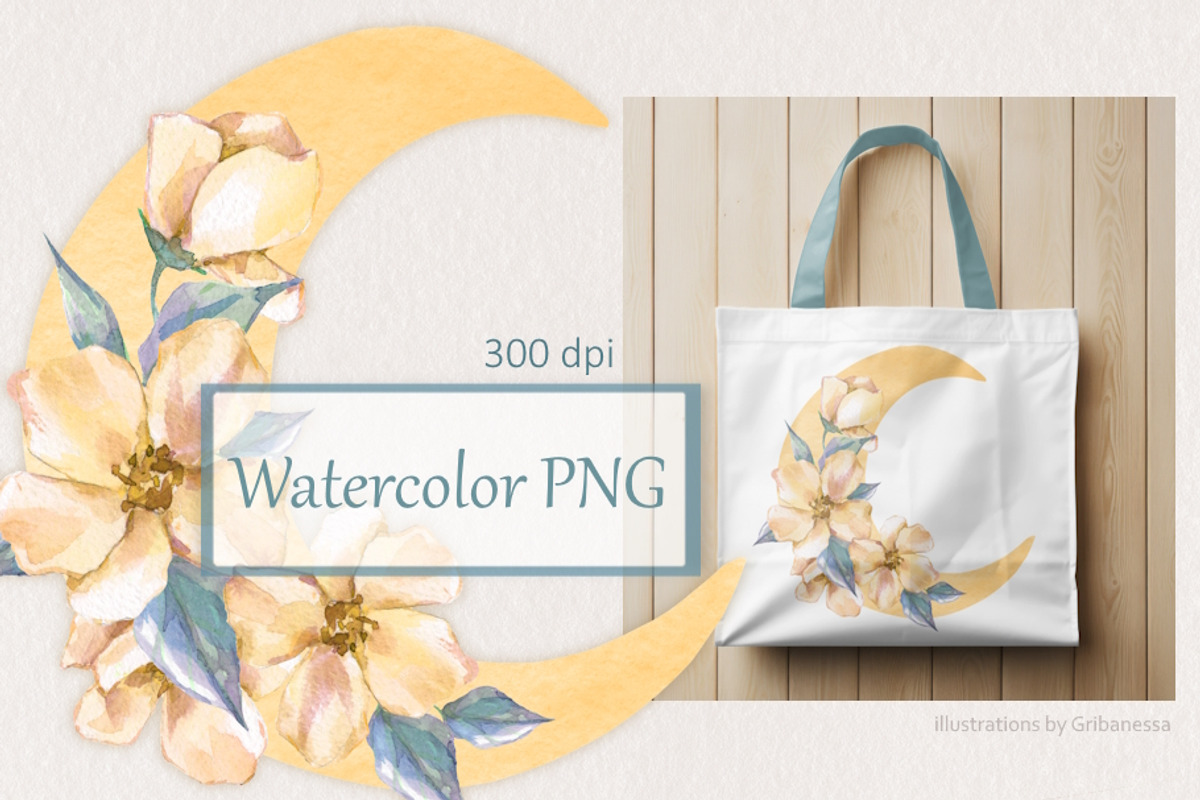 Watercolor Floral Moon PNG, a Decorative Illustration by Gribanessa (Photo 1 of 2)