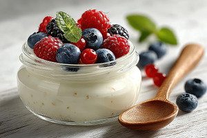 Yogurt with fresh berries and mint garnish, a Food & Drink Photo by AlyaAnd