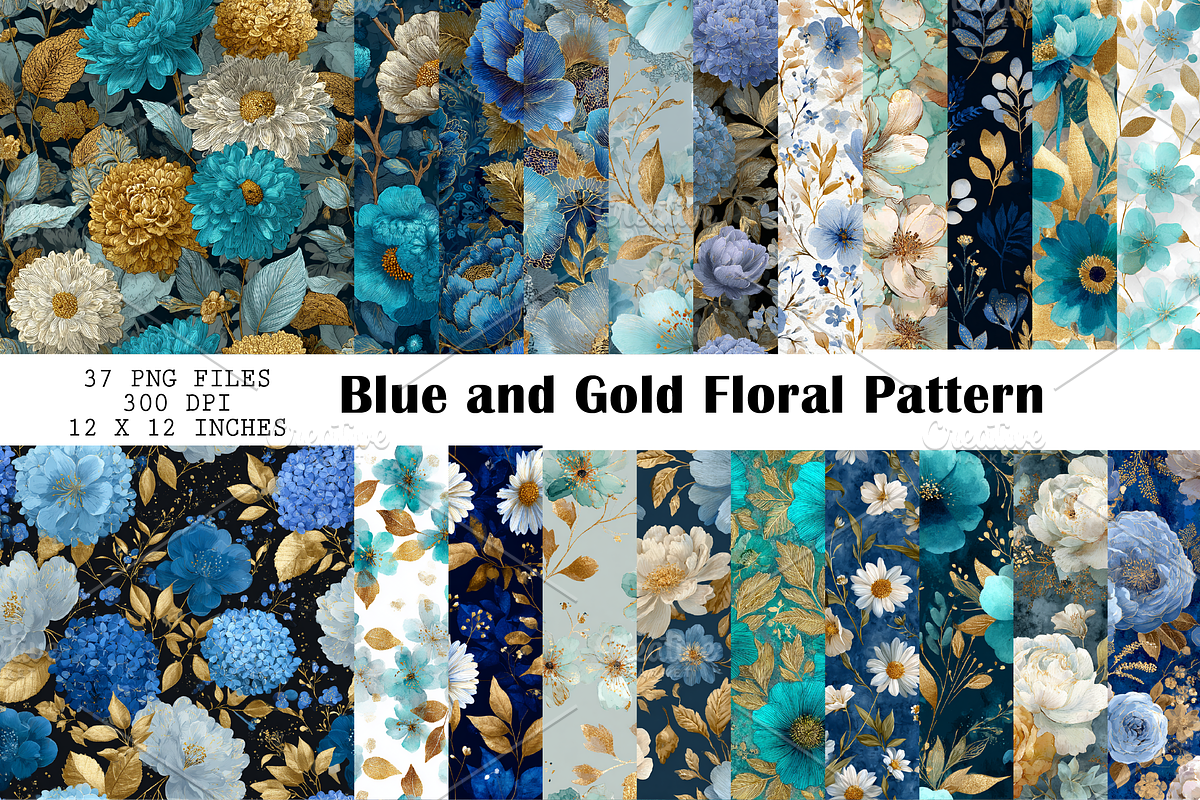 Blue and Gold Floral Pattern, a Pattern Graphic by CreationArt (Photo 1 of 5)