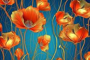 Red Poppies In Art Deco Style, Art D