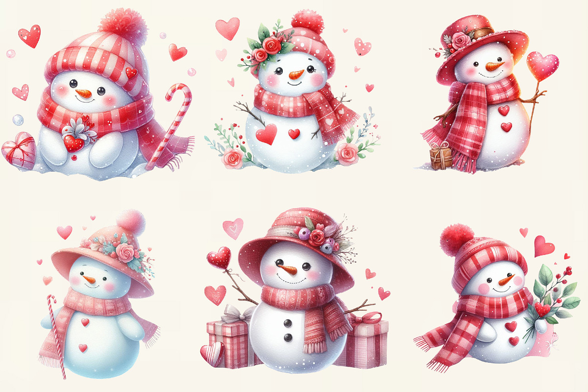 Valentine Cute Snowman Clipart, an Illustration by DreamCafeArt (Photo 2 of 6)