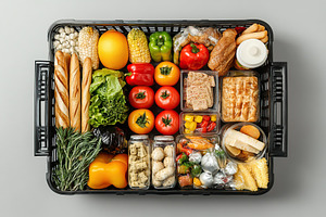 Top view of shopping basket full of different grocery products on grey backgrou, a Food & Drink Photo by AlyaAnd