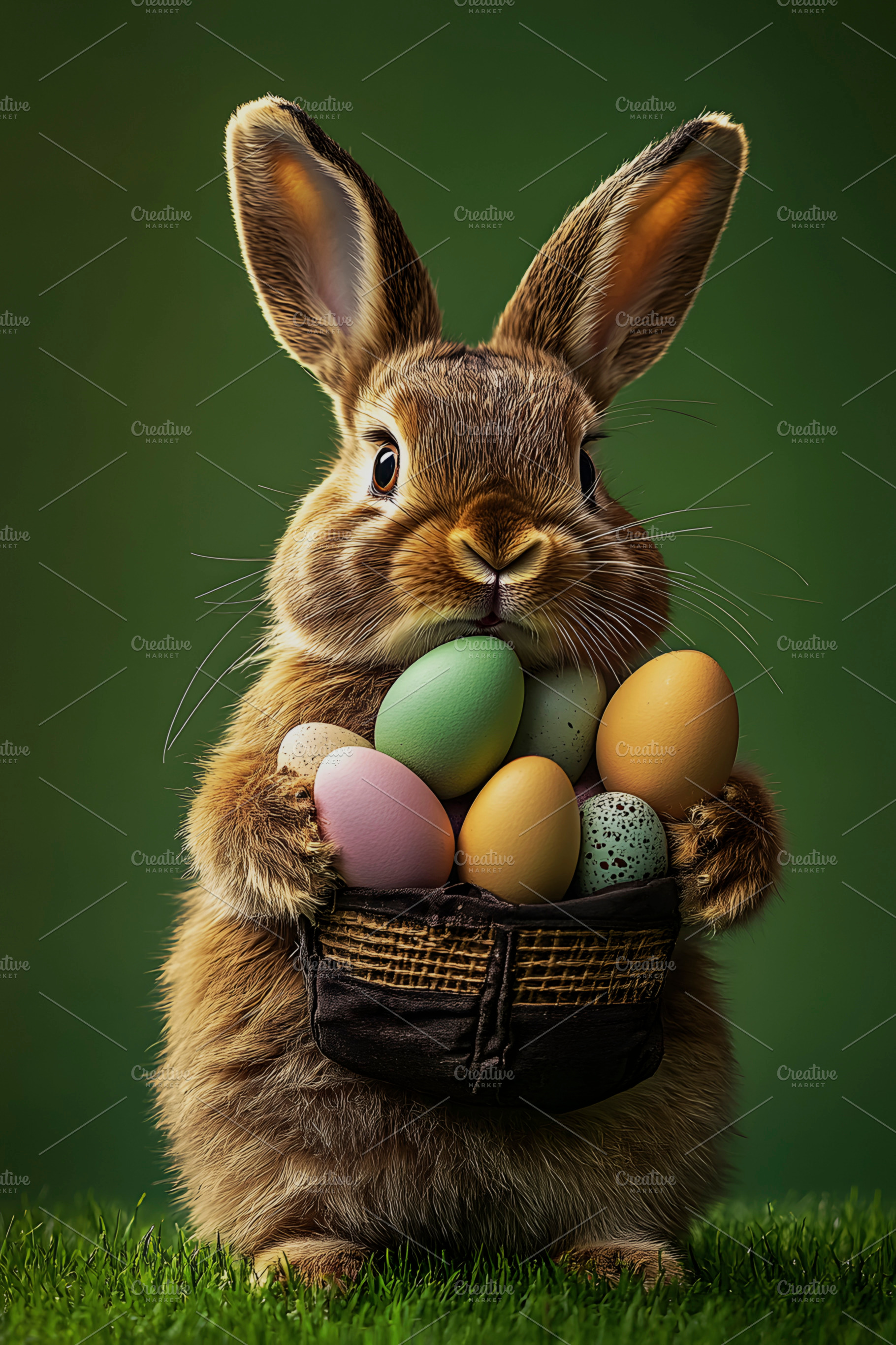 bunny holds a bag with easter eggs, generative AI, a Photo by Nito