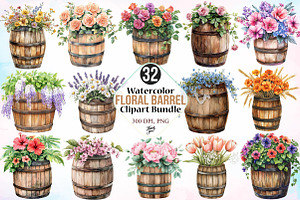 Watercolor Floral Barrel Clipart PNG, an Illustration by Canvas Craft
