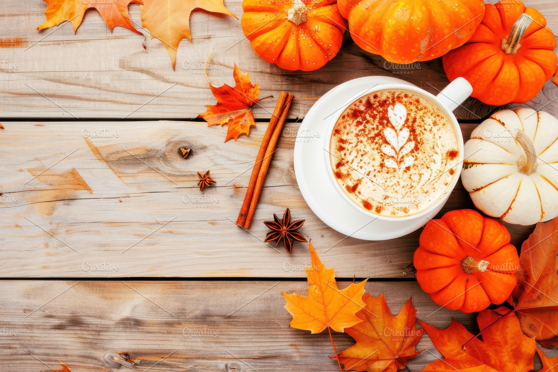 Close-up of a pumpkin spice latte with latte art, surrounded by pumpkins, autum, a Holiday Photo by Mashimara