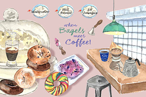 Bagels & Coffee-Watercolor Clipart