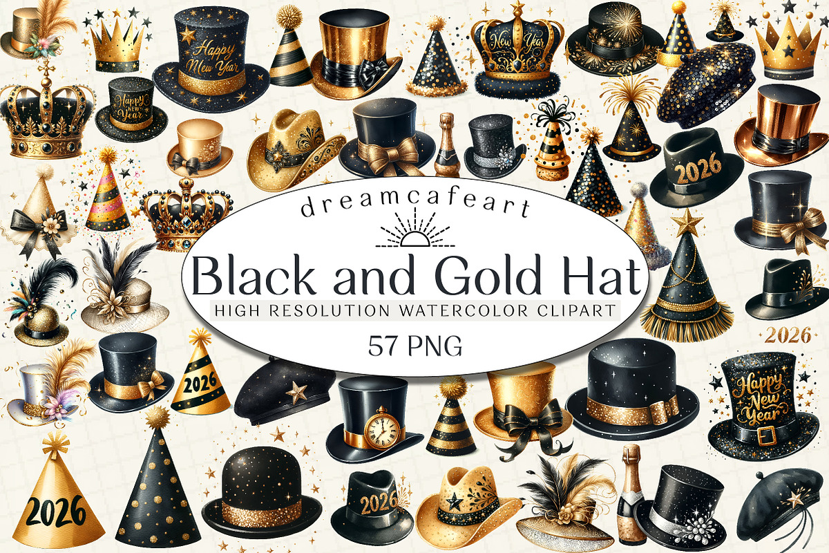 Black and Gold New Year Hat Clipart, an Illustration by DreamCafeArt (Photo 1 of 8)
