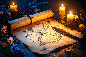 Illuminated parchment star map surrounded by flowers and candles, a Holiday Photo by GoodGoods