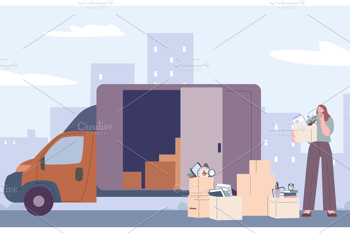 Woman collect things in paper boxes, a Transportation Illustration by Valerie Bodnar