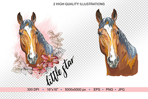 Bay Horse With Flowers Illustration