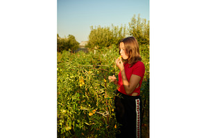 Girl eats tomatoes in a garden