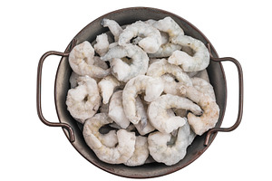 Top view of frozen raw prawns shrimp in a rustic metal bowl, iso, a Food & Drink Photo by composter-box@mail.ru