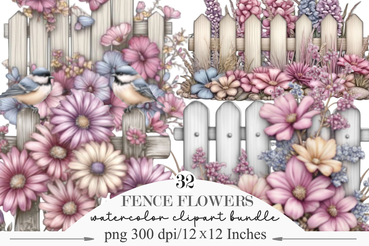 Watercolor Fence Flowers Clipart, an Illustration by Designking (Photo 1 of 5)