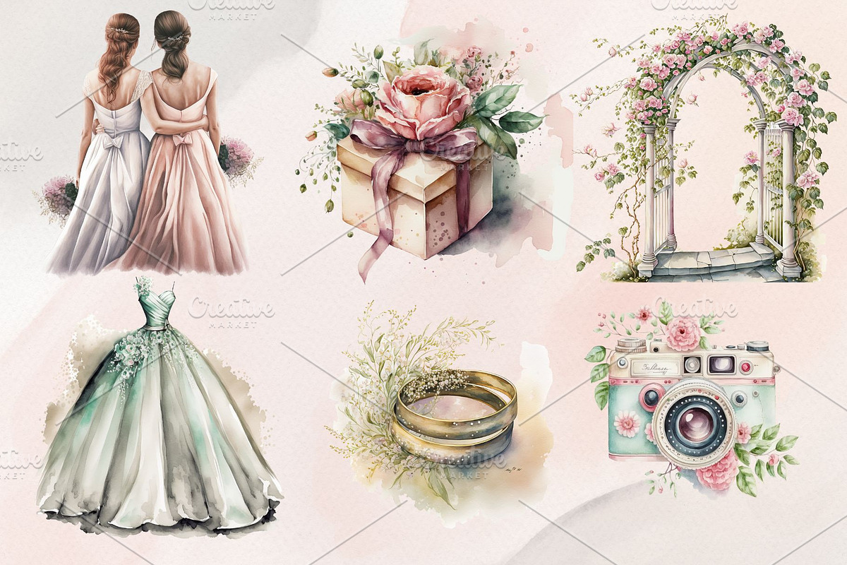 37Watercolor Wedding Clipart PNG Set, an Illustration by Jalina Clipart Studio (Photo 6 of 7)