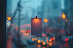 A blank card hangs against a rainy window, illuminated by city lights, creating, a Business Photo by ImageMir