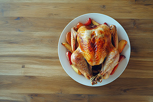 Tasty roasted turkey in plate on wooden background. Thanksgiving day, a Photo by AlyaAnd