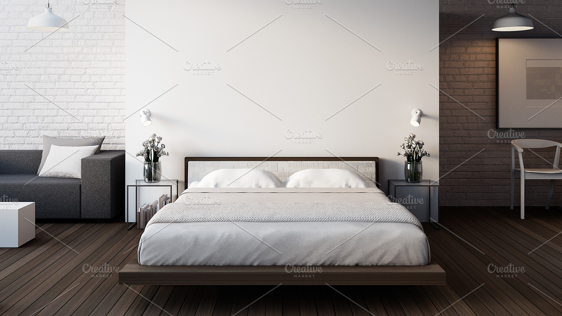 The loft & modern bedroom  3d rende containing bedroom, interior, and hotel, an Architecture Photo by TONTECTONIX