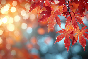 Closeup of vibrant red maple leaves with morning dew against a s, a Nature Photo by José Manuel Gelpi