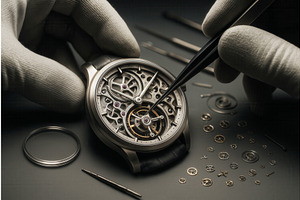 Watchmaker with gloved hands using, an Illustration by Sergey Kotenev