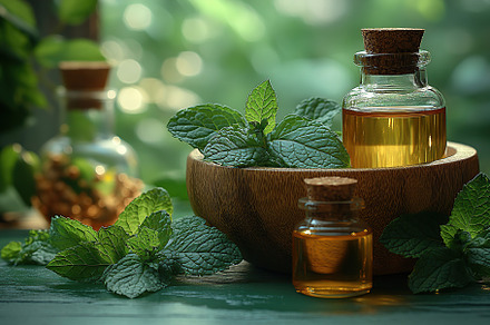 Small bottles of mint essential oil with mint leaves in mortar, a Health & Medical Photo by AlyaAnd