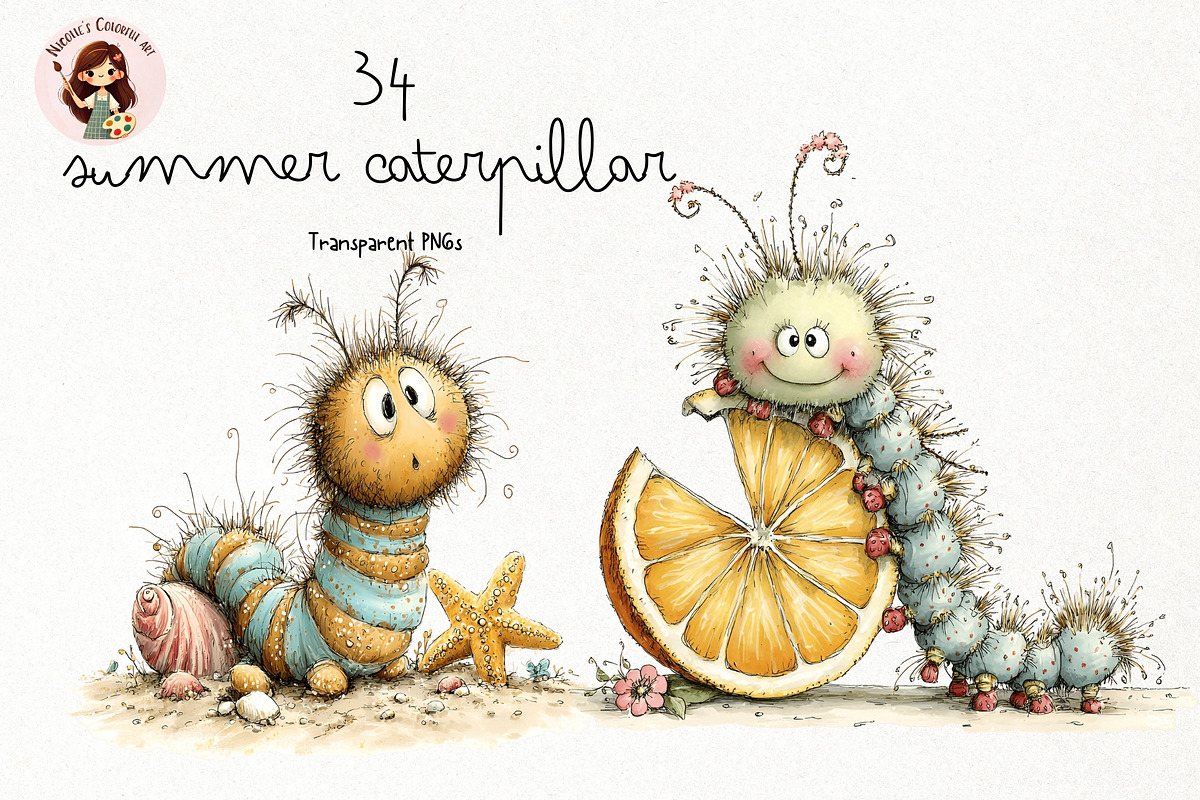 Summer Caterpillar Watercolor PNG, an Animal Illustration by Nicolle's Colorful Art (Photo 1 of 4)