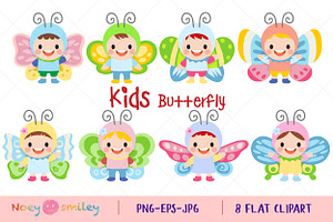 Kids Wearing Butterfly, Flat Clipart