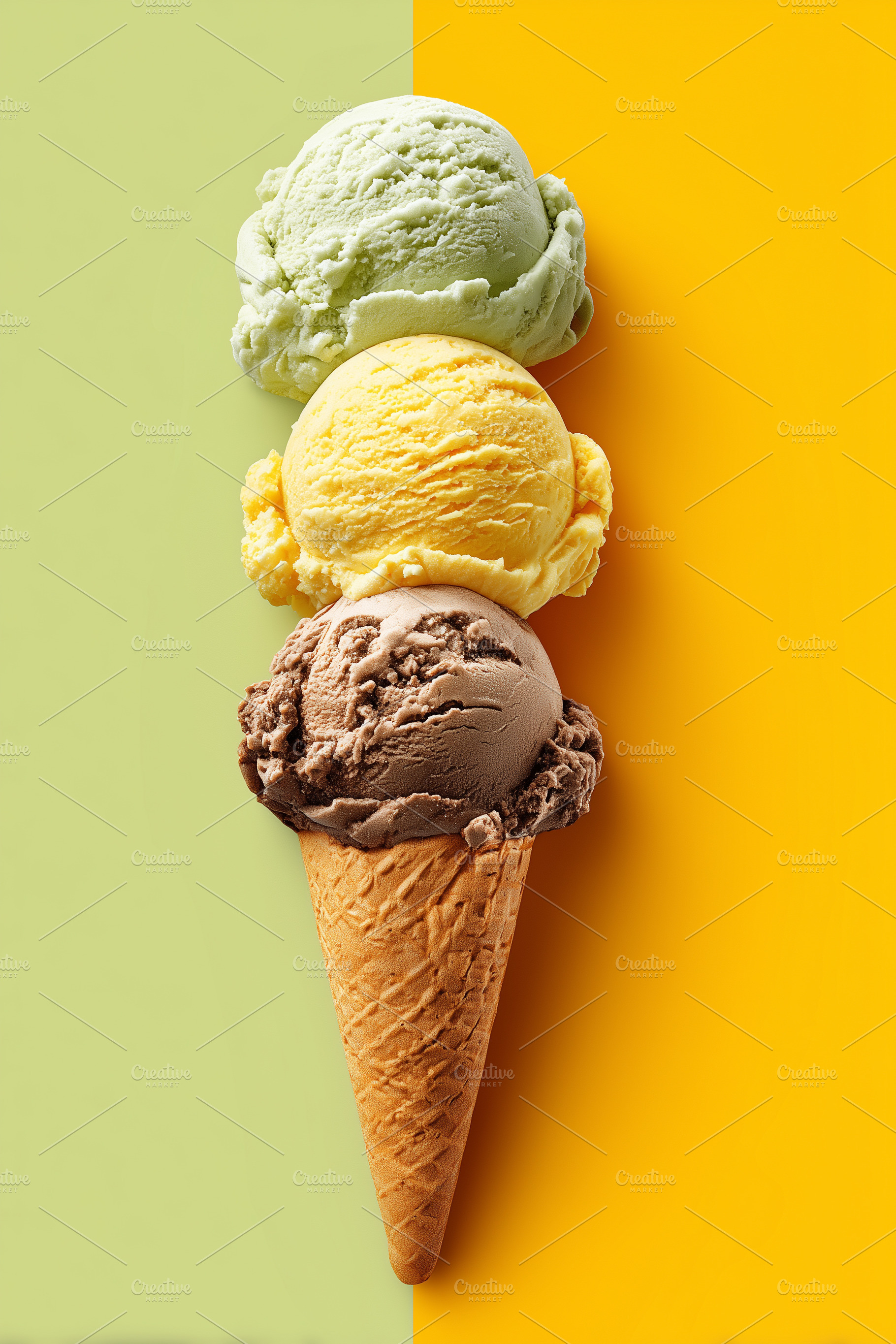 Three scoops of ice cream in waffle, a Food & Drink Photo by MistyDay
