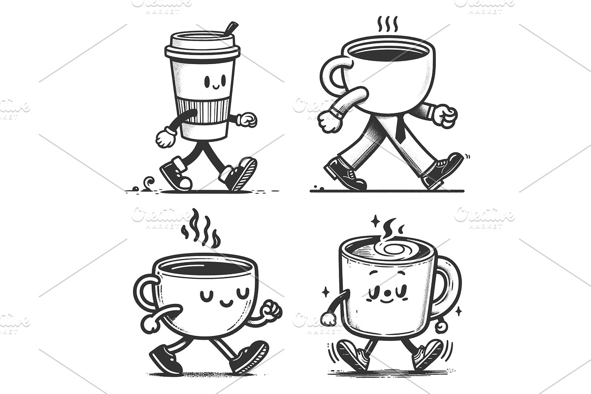 Cute Walking Coffee Cups set vector, a Food Illustration by AlexArt
