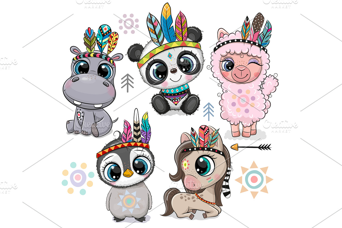 Cute Cartoon tribal animals, an Animal Illustration by Regina Art (Reginast777)
