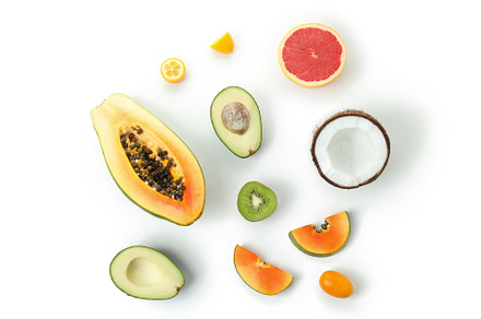 Exotic fruits on white background, top view, a Food & Drink Photo by AtlasStudio PRO