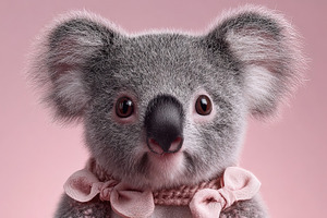 Adorable koala with fluffy fur and big eyes, wearing a pink ribb, an Abstract Photo by Ales Munt