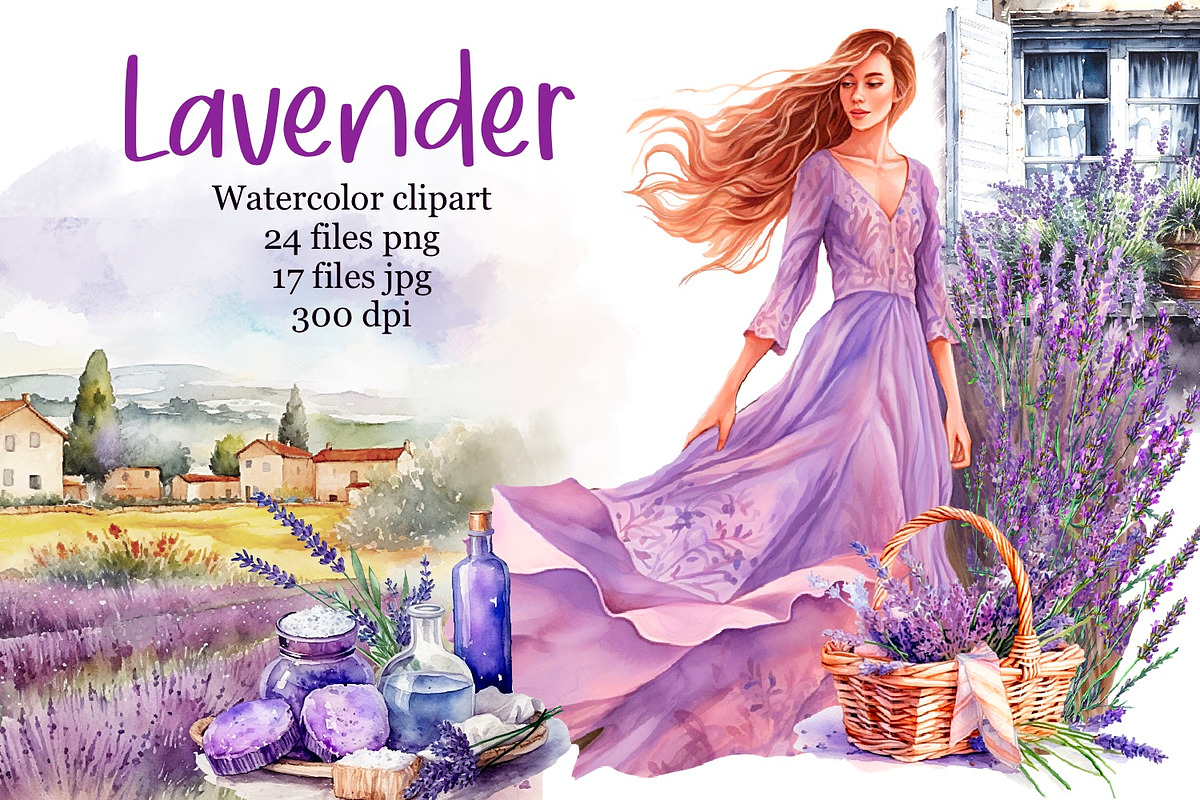 Lavender watercolor clipart, an Object Illustration by AkvarelRiver (Photo 1 of 8)