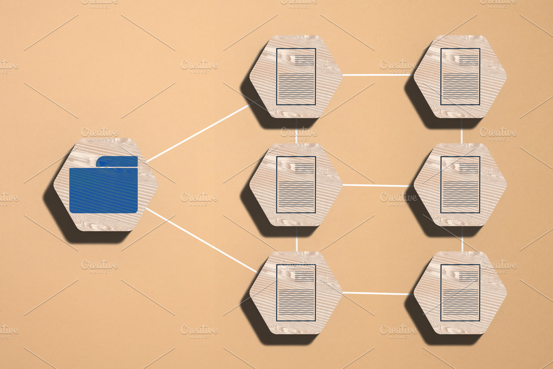 A wooden hexagonal grid, with the left element featuring a blue, a Business Photo by ndanko