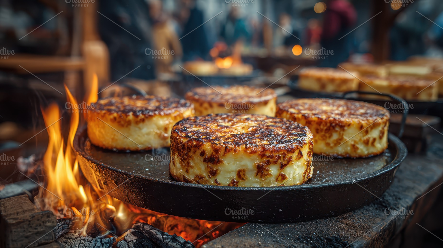 Grilled cheese rounds cooking on ope, a Photo by Pixeness Studio