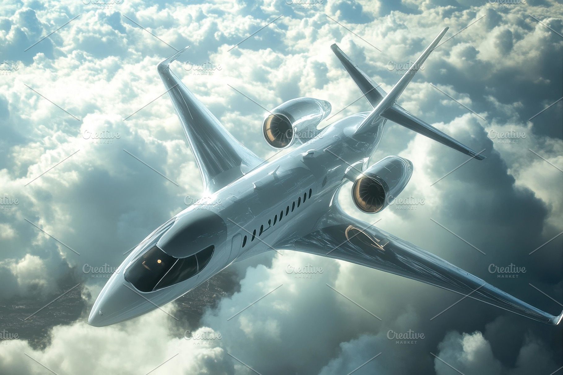 Private jet soaring above fluffy whi, a Photo by Tanuart