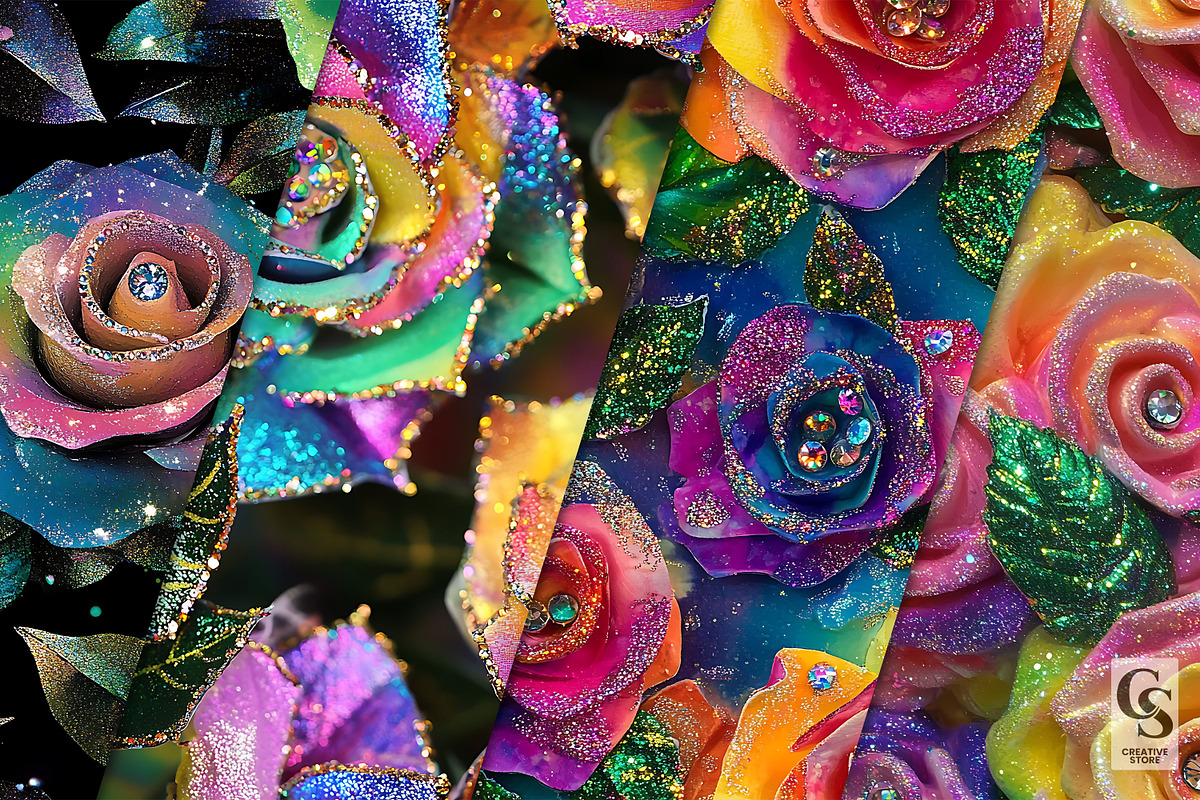 Rainbow Glitter Neon Roses Pattern, a Pattern Graphic by Creative Store (Photo 2 of 5)