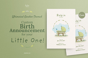 Whimsical Green Birth Announcement, a Card Template by SabaIslam.Studio